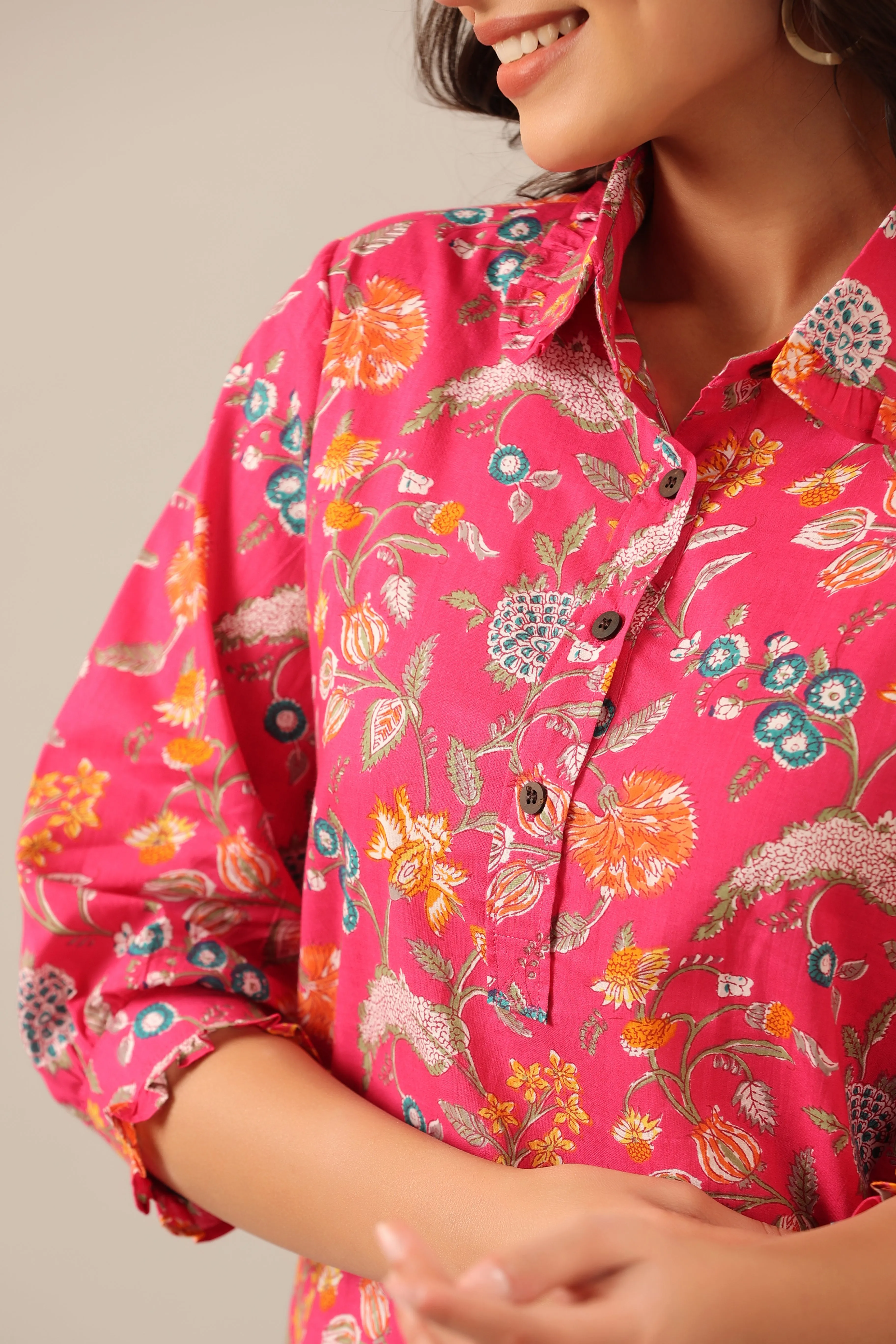 Floral Garden on Pink Collared Palazzo Loungewear Set